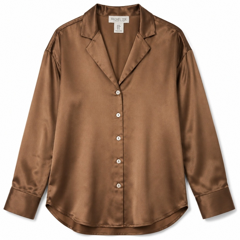 Rachel Zoe Satin Blouse Bronze Brown Notch Collar Button Down Women's Medium